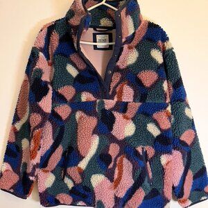 Fat Face Black Abstract Printed Fleece  1/4  Snap front Side Pockets Size Small